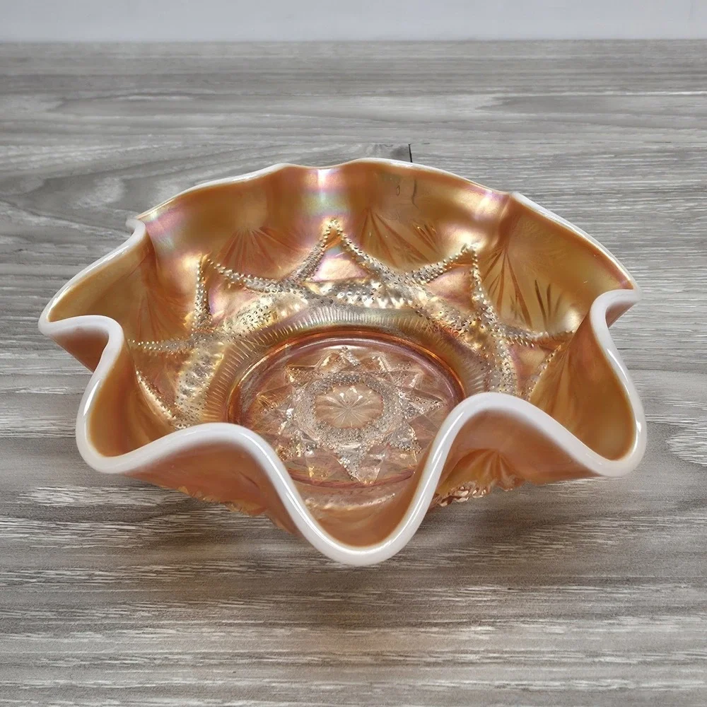 Dugan Ski Star Style‎ Ruffled Bowl - Peach Opal Carnival Glass 6